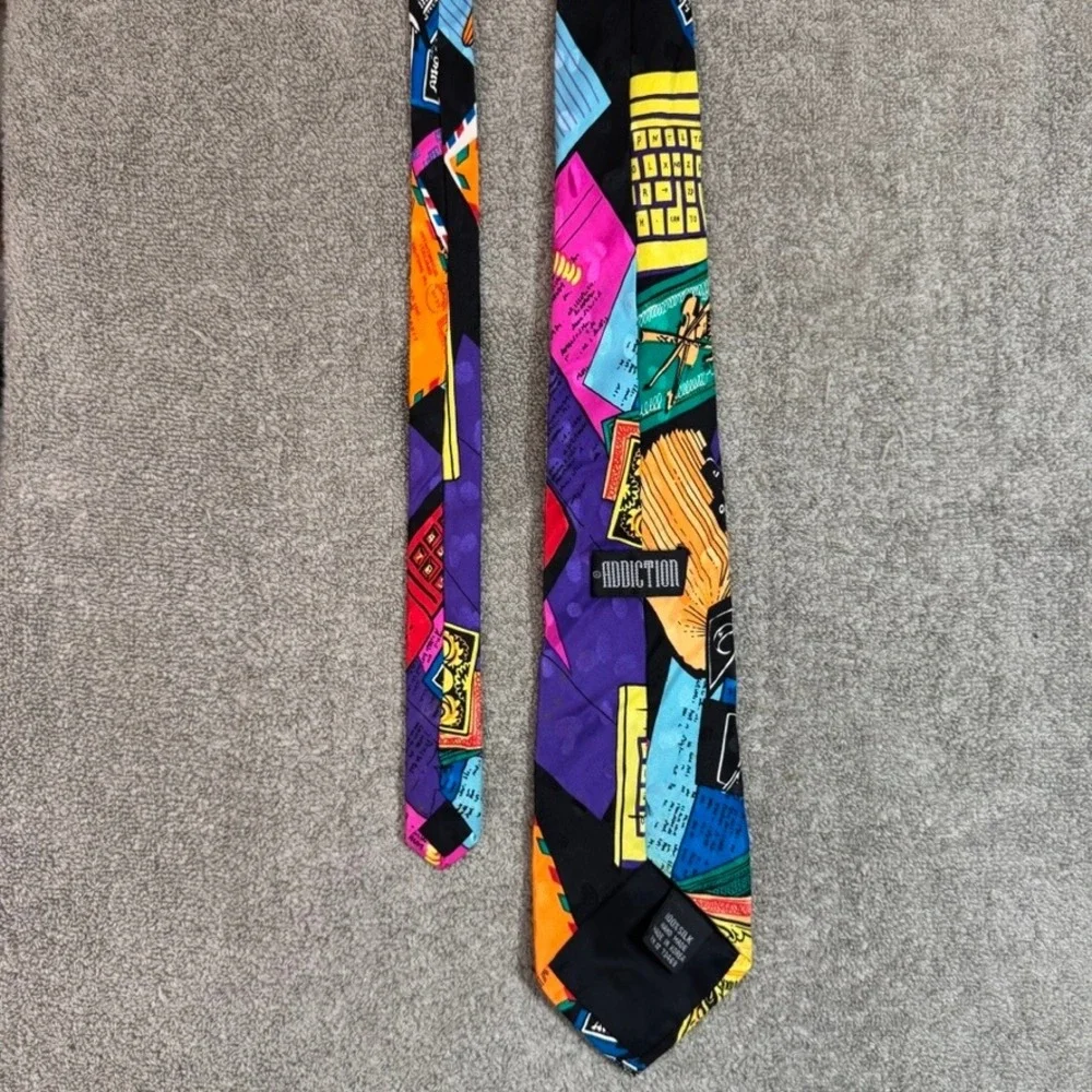 Addiction Vintage Silk Tie Mens Multi Color 90s Retro Cell Phone Calculator 57in